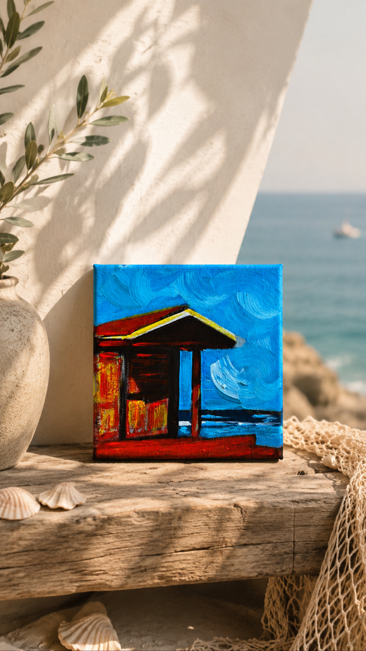 küçük kulübe ve kumsal tablosu 15x15 cm akrilik