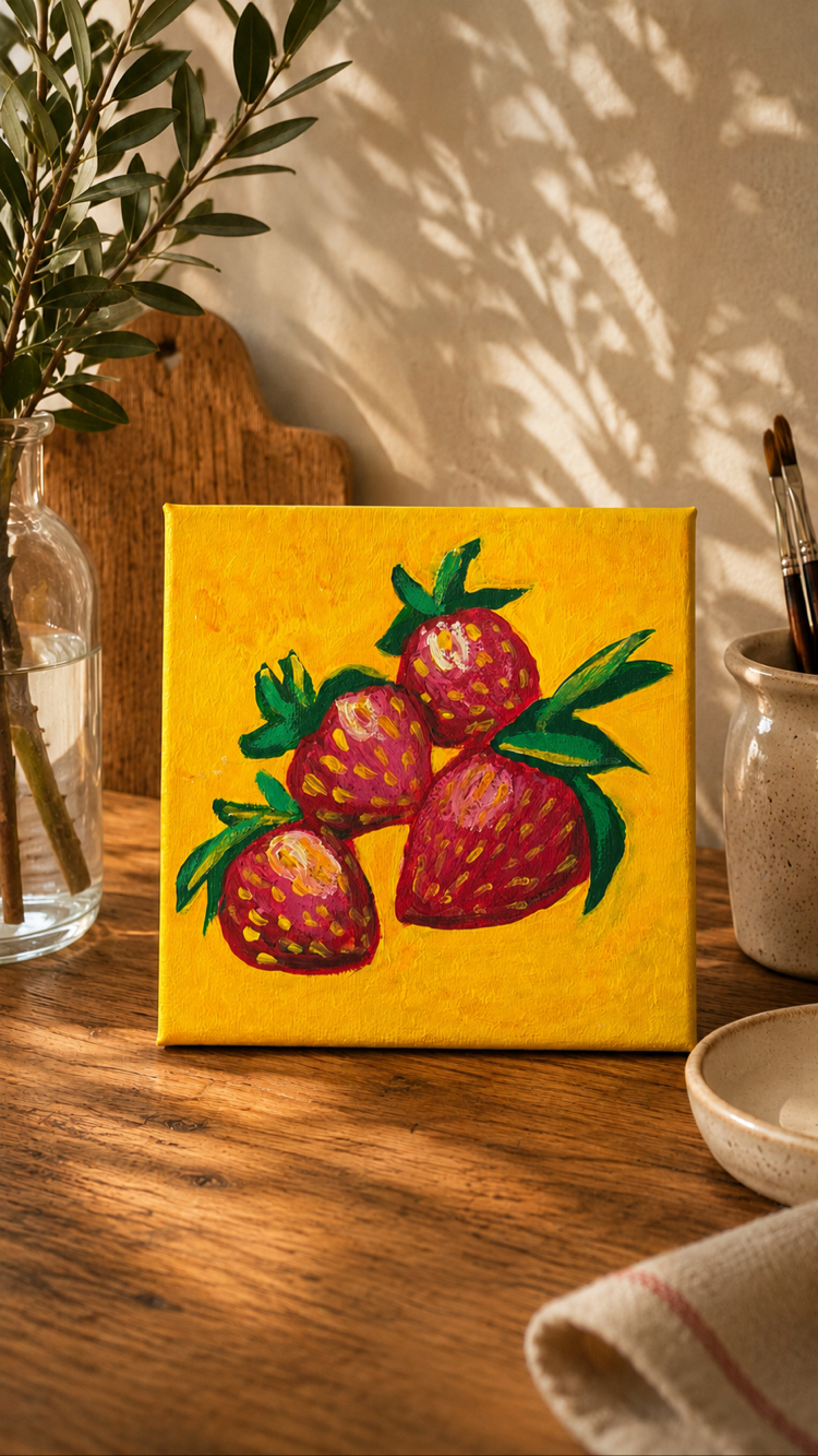 küçük çilek tablosu akrilik 15x15 cm