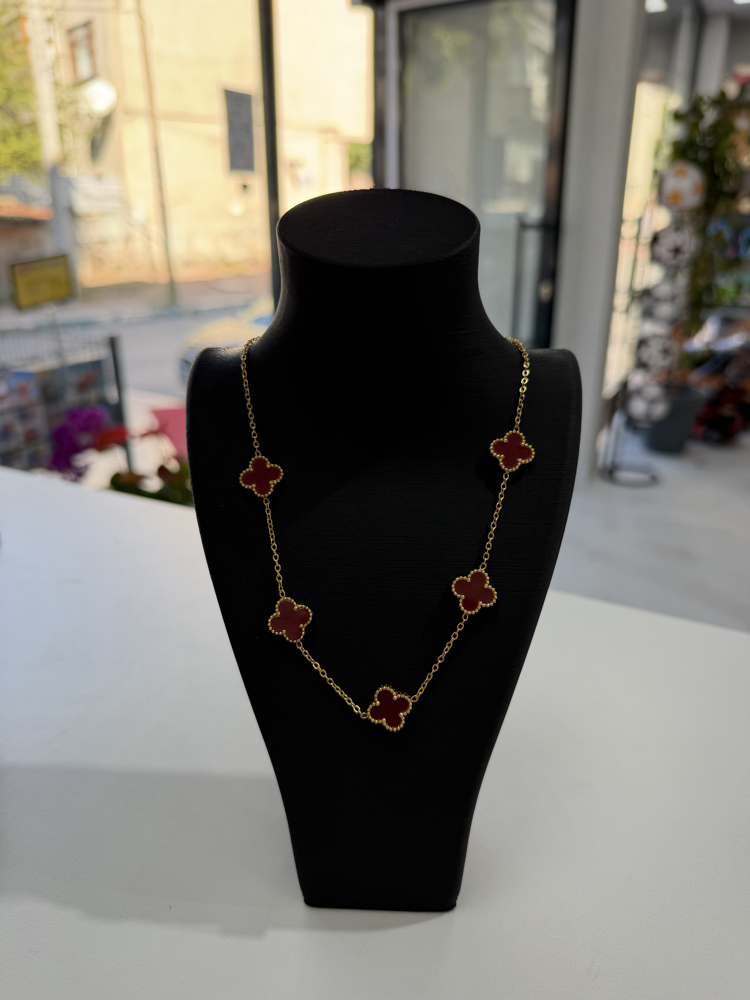 Bordo Yonca Detaylı Gold Kolye