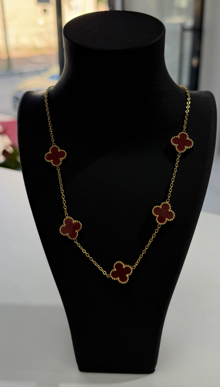 Bordo Yonca Detaylı Gold Kolye