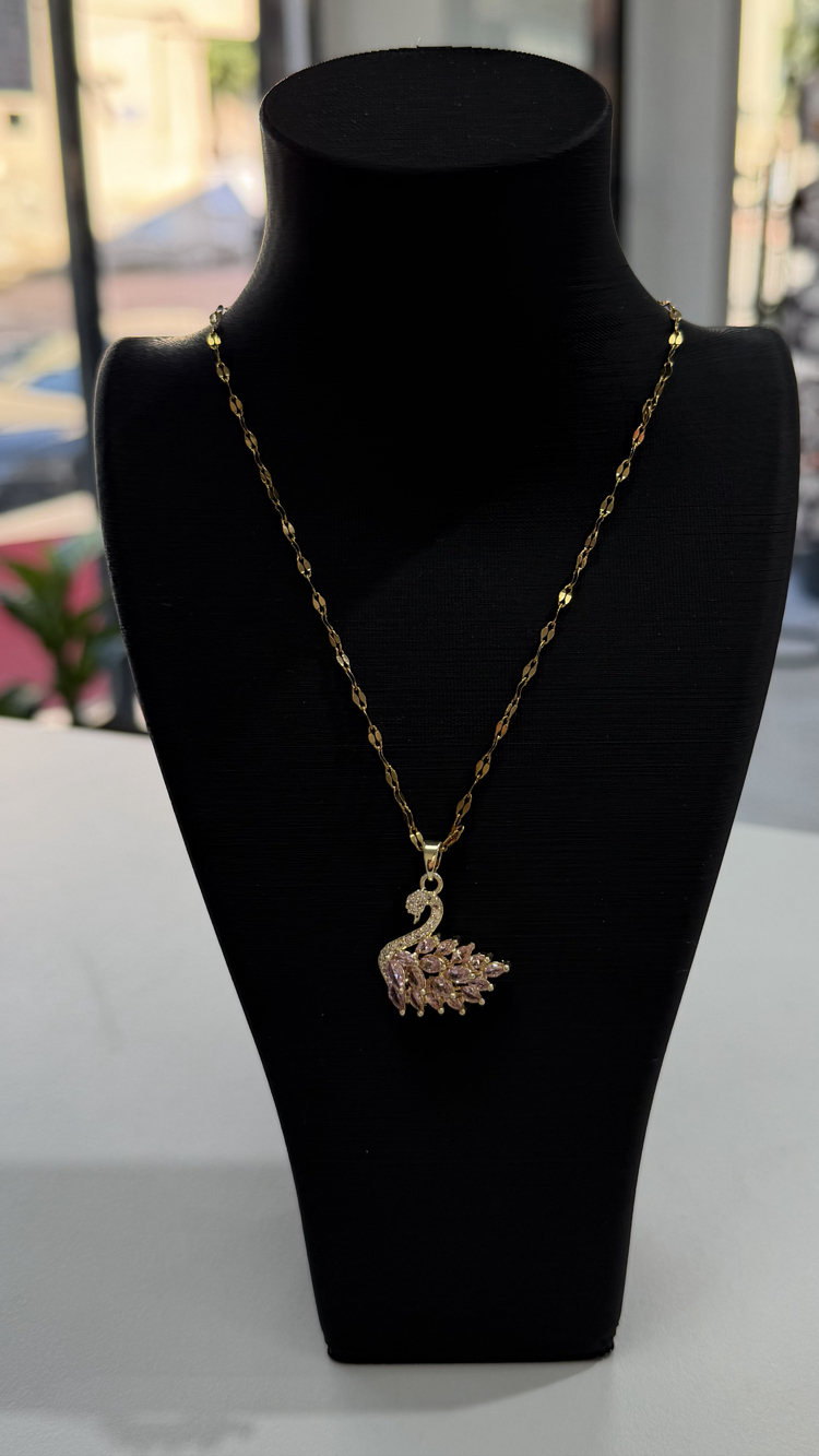 Taşlı Gold Kuğu Kolye