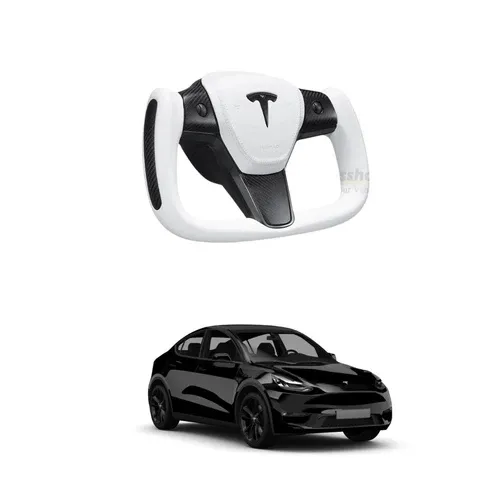 MODEL Y Yoke Stil Direksiyon Simidi, Napa Beyaz Deri Tesla Logolu Beyaz Airbag Kapağı, ISITMALI