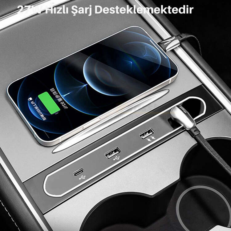 Tesla Model Y/Model 3 Hızlı Şarj ve Data Aktarım Portu, Type C & USB-A Şarj ve Data Aktarımı