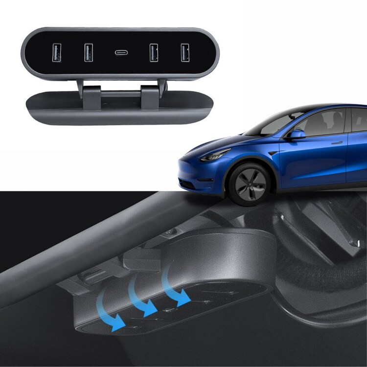 Tesla Model Y / Model 3 Katlanır Orta Konsol USB Girişi Hızlı Şarj 4' lü Kablo Merkezi, Siyah