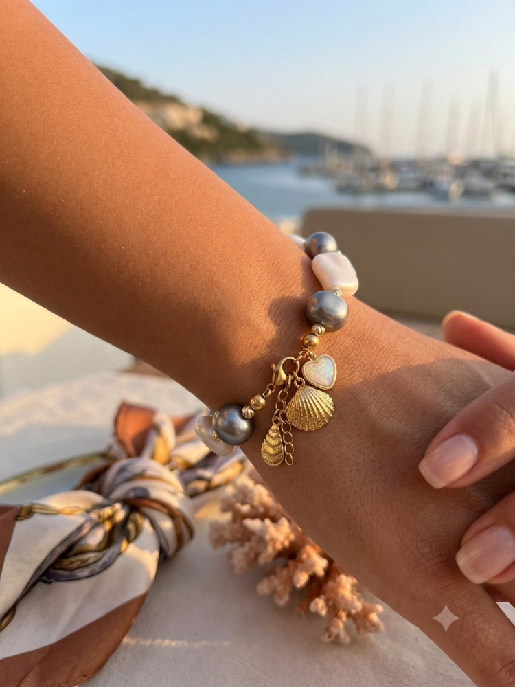 Mistik Asalet: Gri & Beyaz Barok İnci Charm Bileklik