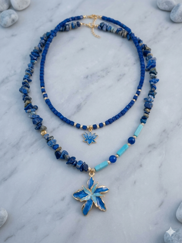 Akdeniz Esintili Çiçeki Lapis Lazuli Kolye Seti