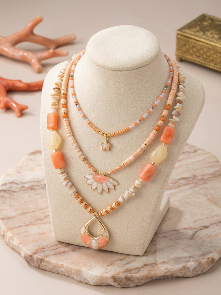 Soft Pembe ve Turuncu Kristal Boncuklu Yıldız Kolye