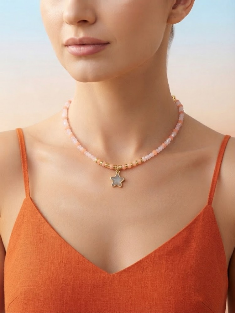Soft Pembe ve Turuncu Kristal Boncuklu Yıldız Kolye