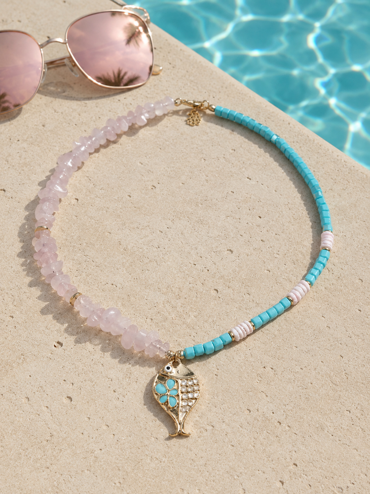 Boho-Chic Balık Figürlü Doğal Taşlı Tasarım Kolye