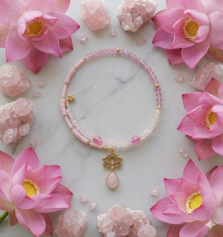 Pembe Kuvars & Sedef Taşlı Lotus Tasarım Sarmal Kolye