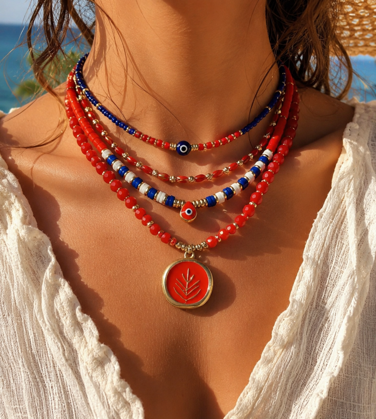 Coastal Chic Layers: Kırmızı 4'lü Bohem Kolye