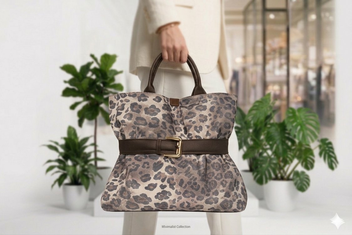 Denim kumaş, leopar XL el çantası 
