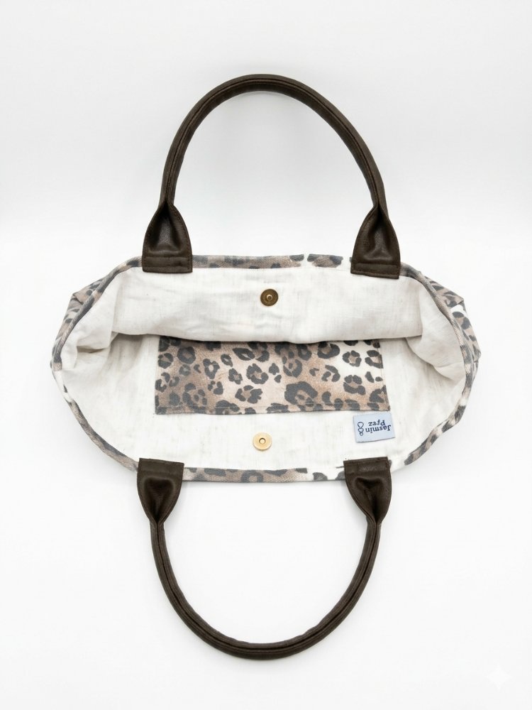 Denim kumaş, leopar XL el çantası 