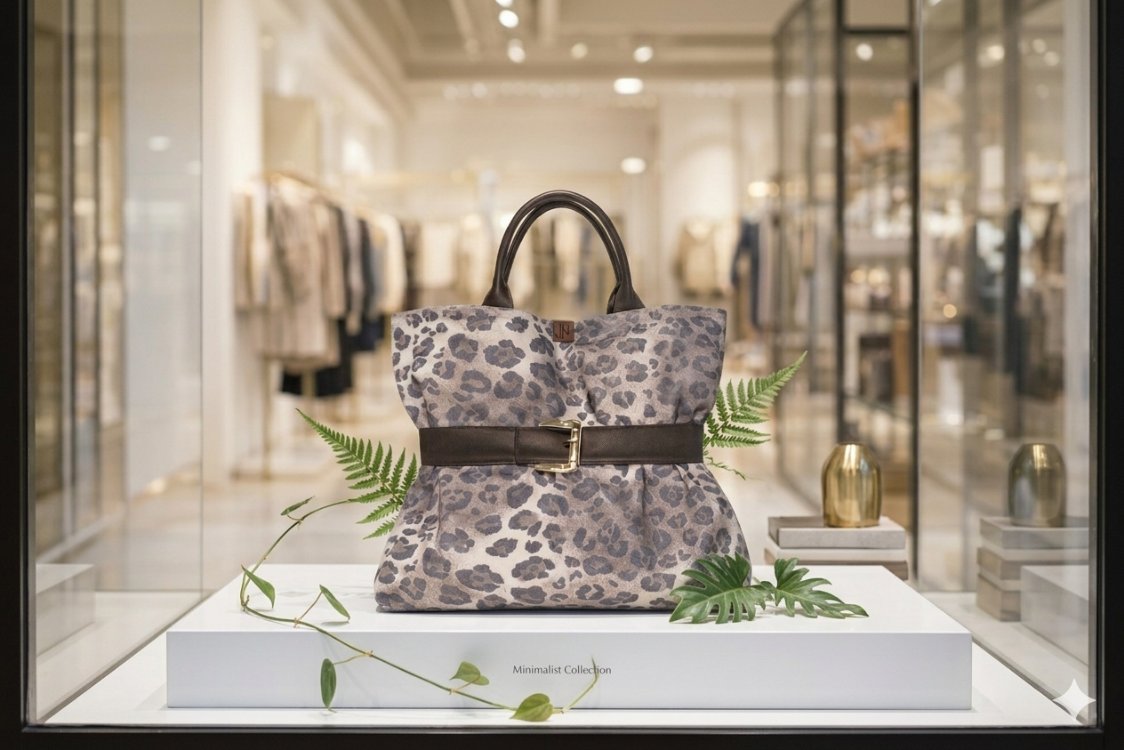 Denim kumaş, leopar XL el çantası 