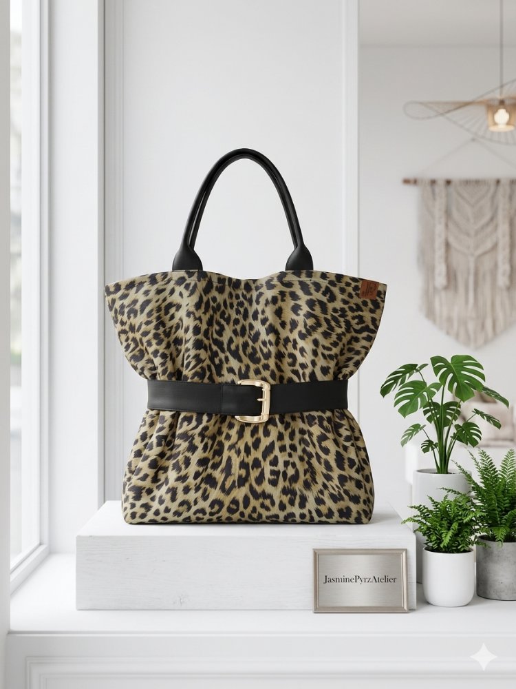 Yeşil leopar kumaş, XL el çantası