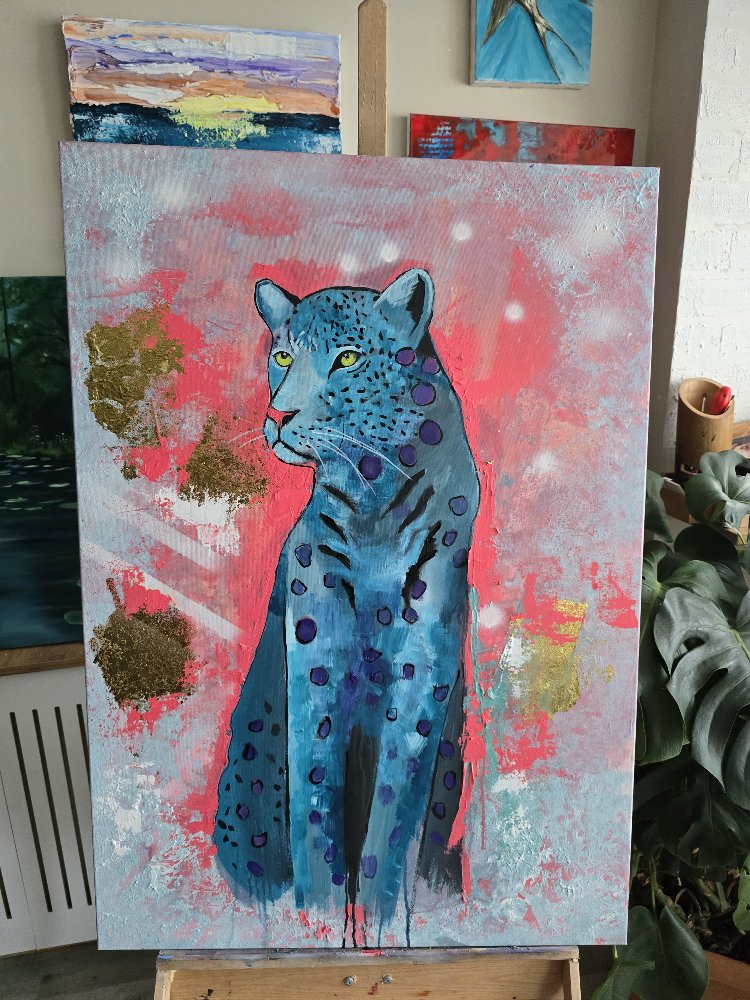 Dreams Serisi – Mavi Leopar | 70x100 cm Akrilik & Karışık Teknik