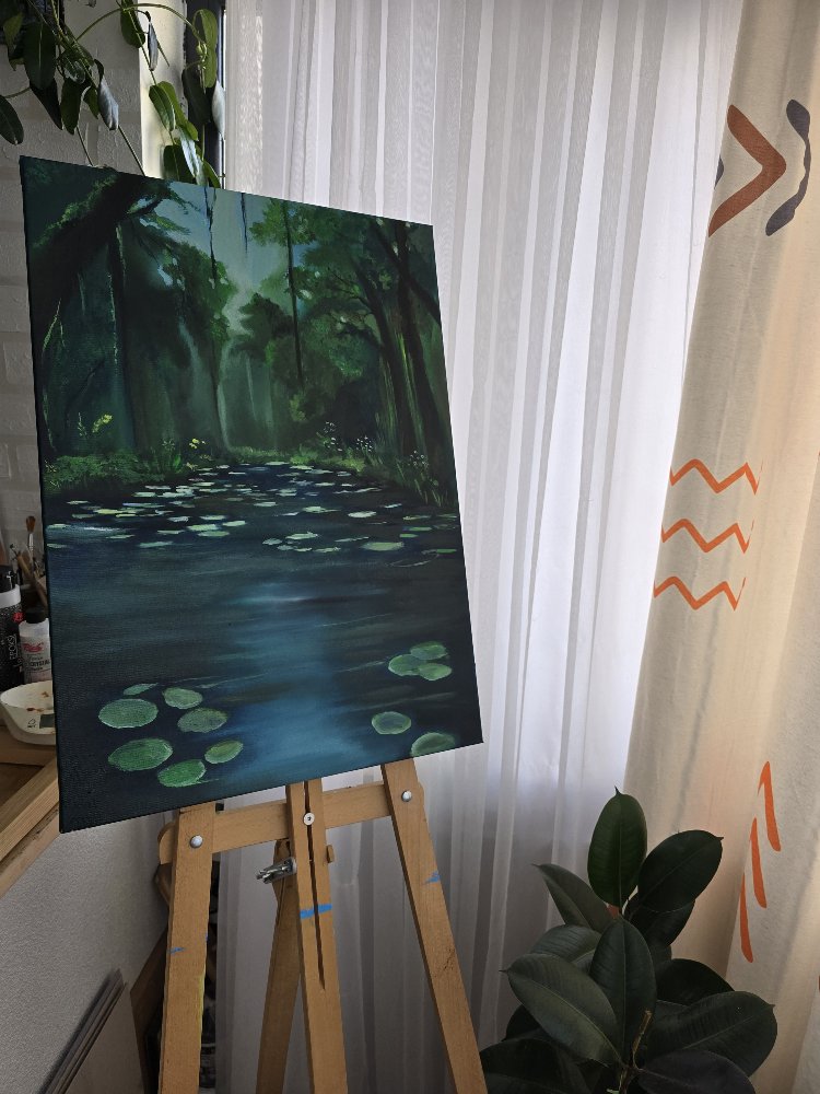 Yeşilin Hikâyesi – 50x70 Yağlı Boya Orman ve Su Temalı Özgün Tablo
