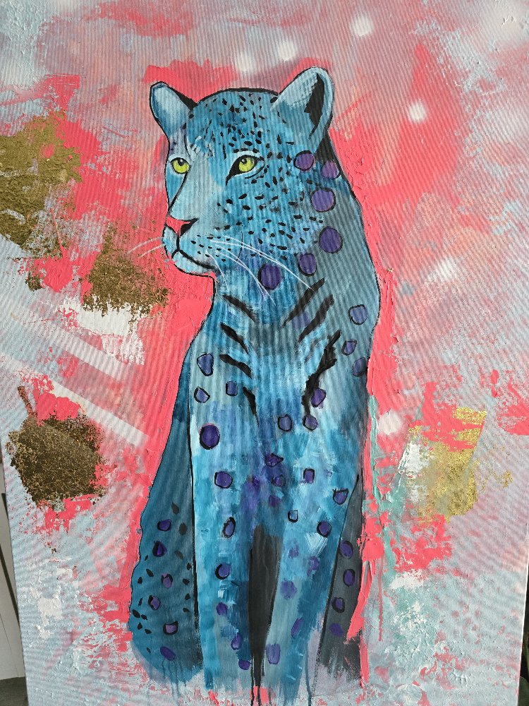 Dreams Serisi – Mavi Leopar | 70x100 cm Akrilik & Karışık Teknik