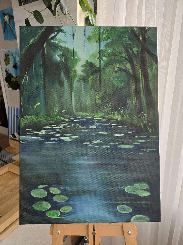 Yeşilin Hikâyesi – 50x70 Yağlı Boya Orman ve Su Temalı Özgün Tablo