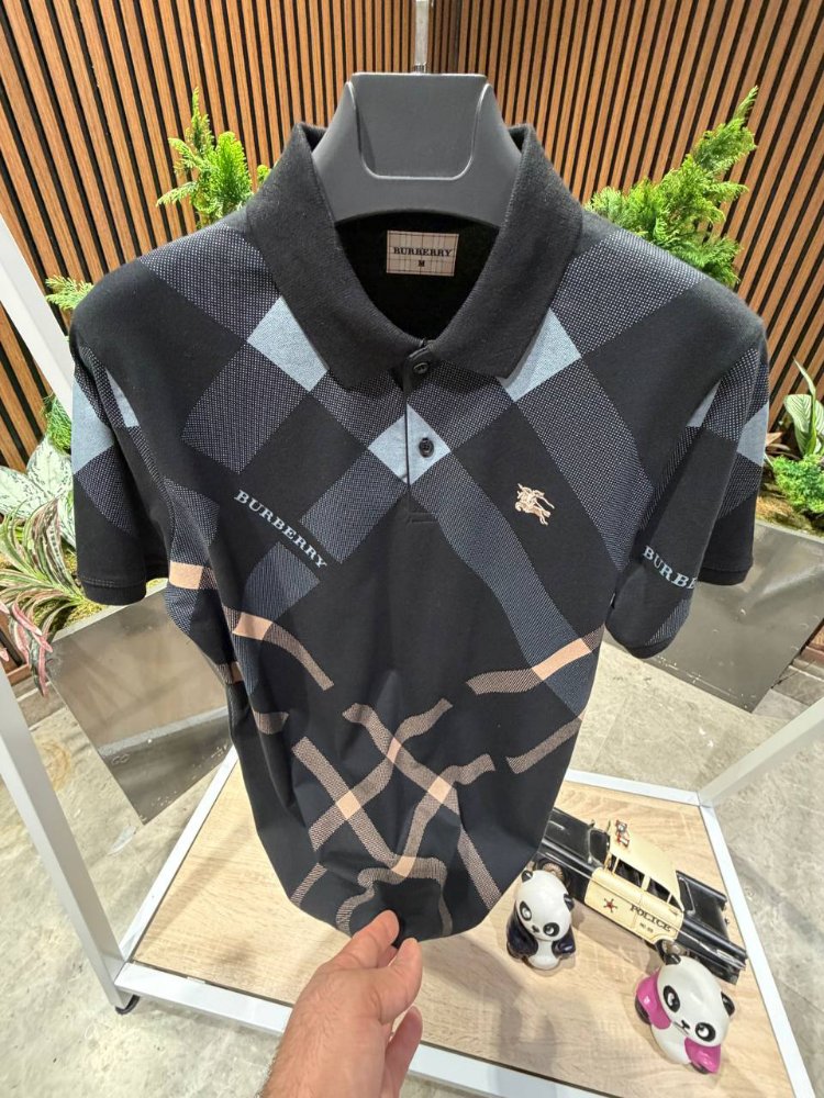 Burberry Kare Desenli Royal Siyah Premium Polo Yaka Erkek T-Shirt