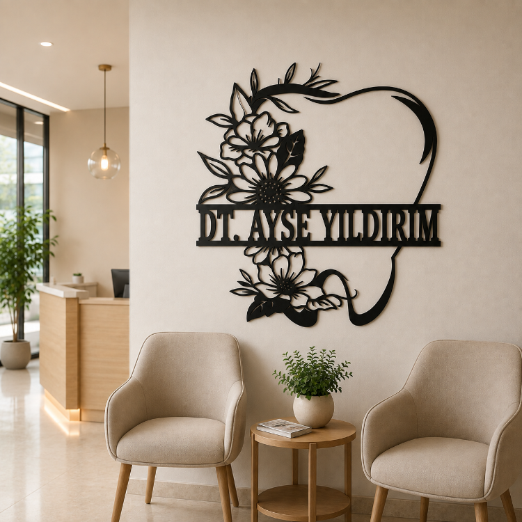 Kişiye Özel Diş Hekimi Metal Duvar Dekoru |İsimli Çiçekli Diş Tasarımı |Klinik Dekoru