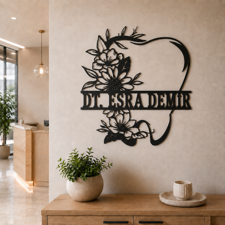 Kişiye Özel Diş Hekimi Metal Duvar Dekoru |İsimli Çiçekli Diş Tasarımı |Klinik Dekoru