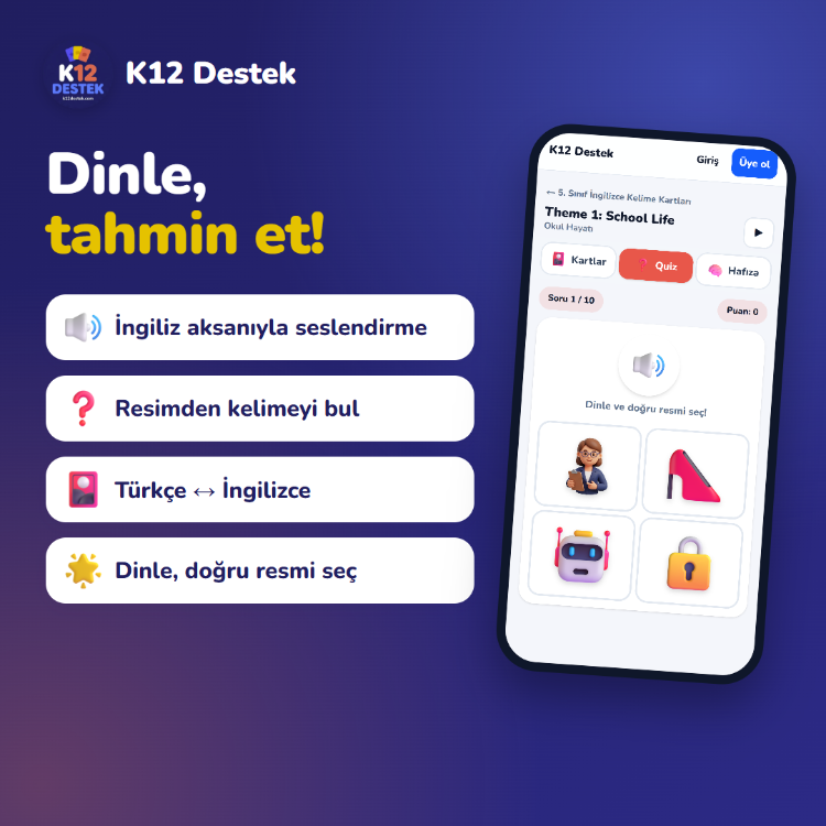 5. Sınıf İngilizce Kelime Kartları | Dijital Set (1 Yıl Erişim)