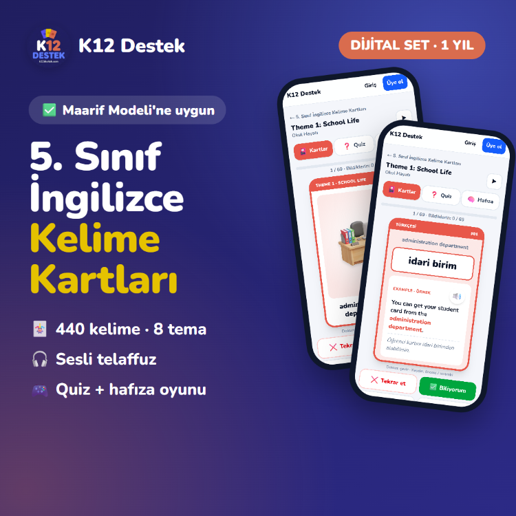 5. Sınıf İngilizce Kelime Kartları | Dijital Set (1 Yıl Erişim)