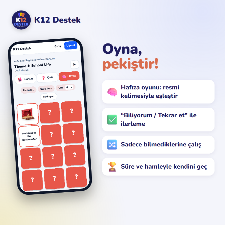 5. Sınıf İngilizce Kelime Kartları | Dijital Set (1 Yıl Erişim)