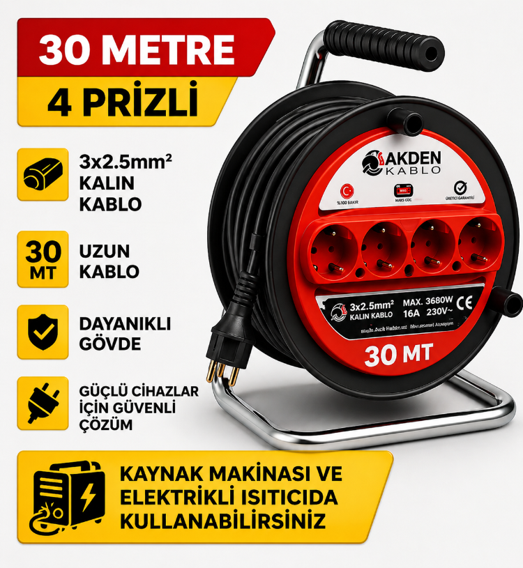 AKDEN Kablo 30 Metre 3x2,5mm Makaralı Uzatma Kablosu Tam Kesit Kaynak Makinası Kullanıma Uygundur