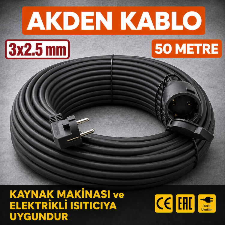 AKDEN Kablo 50 Metre 3x2,5mm Uzatma Kablosu Tam Kesit Kaynak Makinası Kullanıma Uygundur