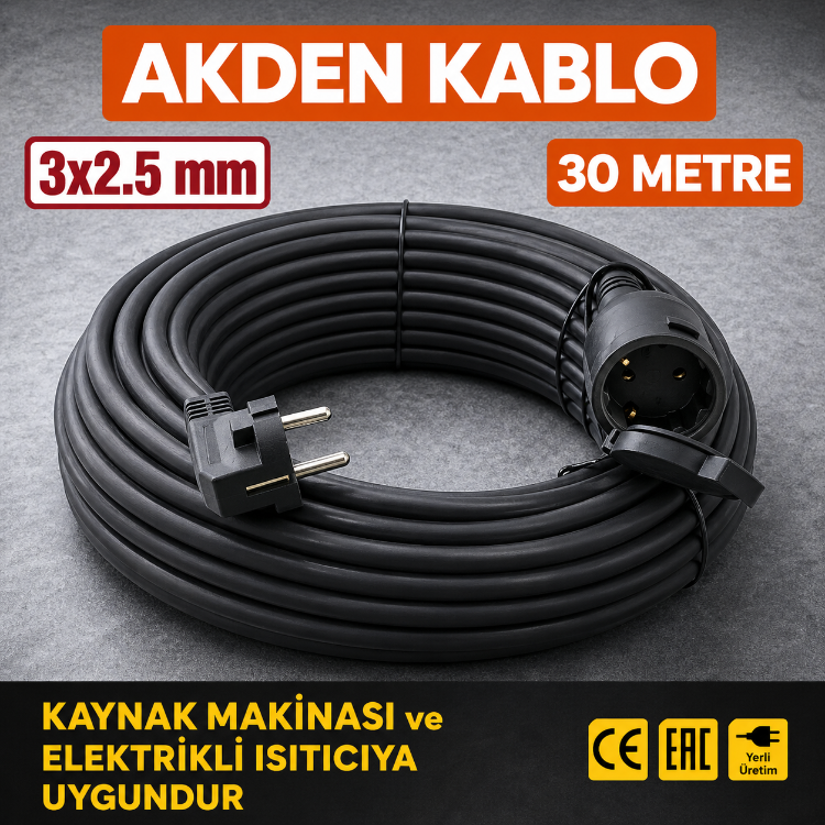 AKDEN Kablo 30 Metre 3x2,5mm Uzatma Kablosu Tam Kesit Kaynak Makinası Kullanıma Uygundur