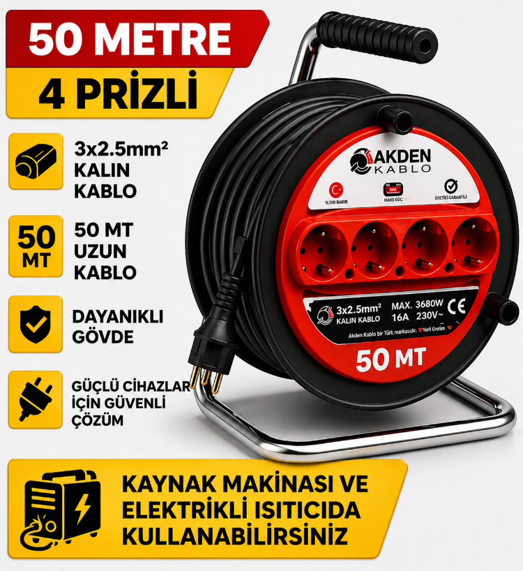 AKDEN Kablo 50 Metre 3x2,5mm Makaralı Uzatma Kablosu Tam Kesit Kaynak Makinası Kullanıma Uygundur