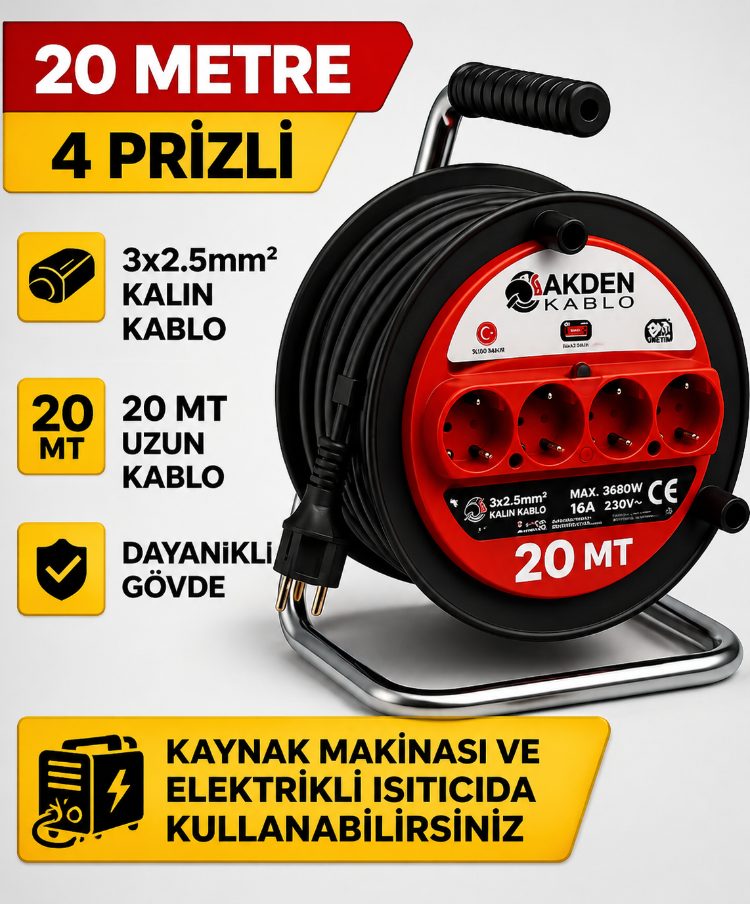 AKDEN Kablo 20 Metre 3x2,5mm Makaralı Uzatma Kablosu Tam Kesit Kaynak Makinası Kullanıma Uygundur