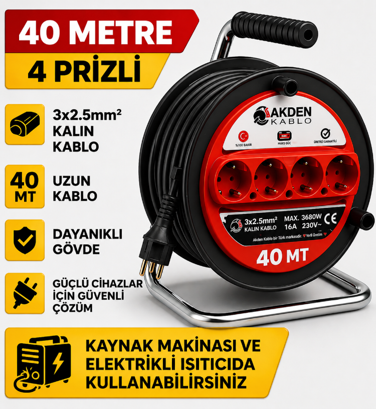 AKDEN Kablo 40 Metre 3x2,5mm Makaralı Uzatma Kablosu Tam Kesit Kaynak Makinası Kullanıma Uygundur