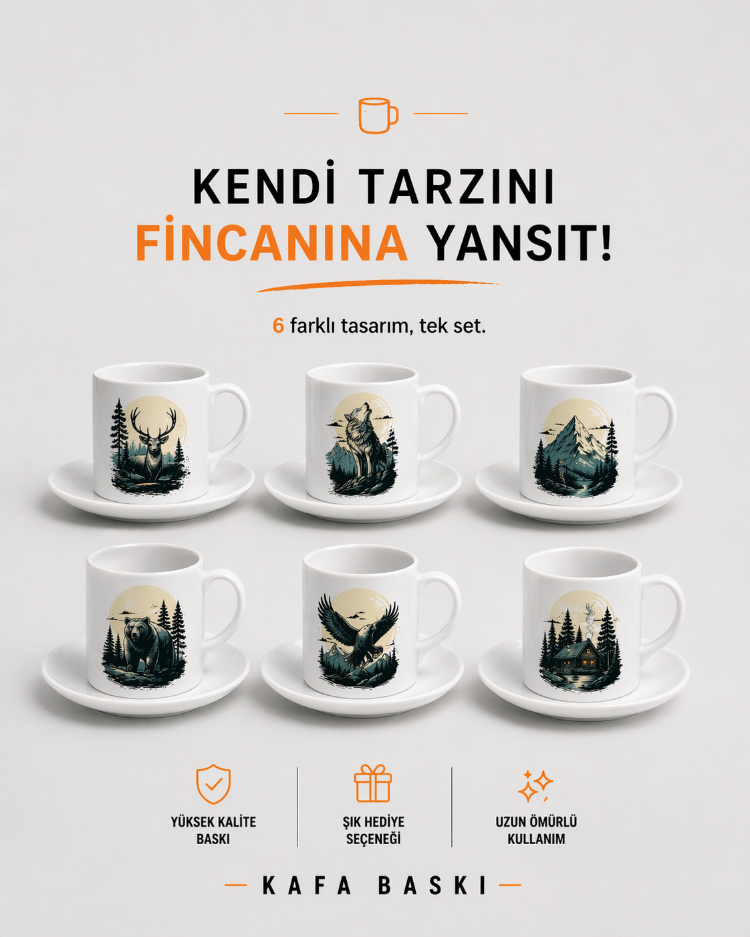 KAFA BASKI Kişiye Özel Türk Kahvesi Fincan Seti – 6 Farklı Tasarımlı Porselen Kahve Fincanı