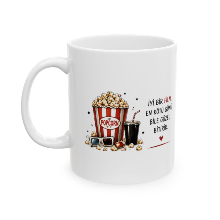KAFA BASKI Popcorn ve Film Temalı Porselen Kupa Bardak – Sinema Keyfi Tasarımı