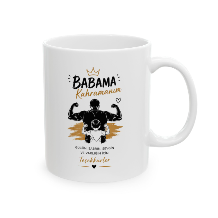 KAFA BASKI Babama Kahramanım Yazılı Porselen Kupa Bardak – Baba ve Çocuk Duygusal Hediye