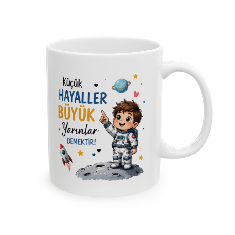 KAFA BASKI Küçük Hayaller Büyük Yarınlar Temalı Porselen Kupa – Astronot Çocuk Tasarımı