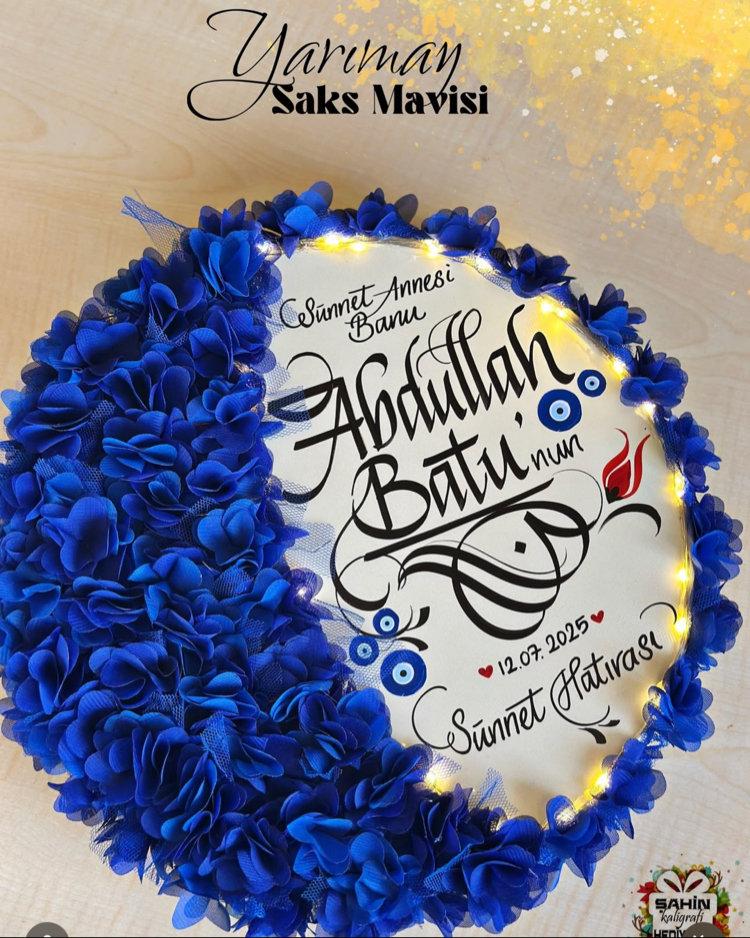 SAKS MAVİSİ LEDLİ YARIMAY TEF ( gelin,sünnet,düğün,nişan,6ay kınası,…vb)