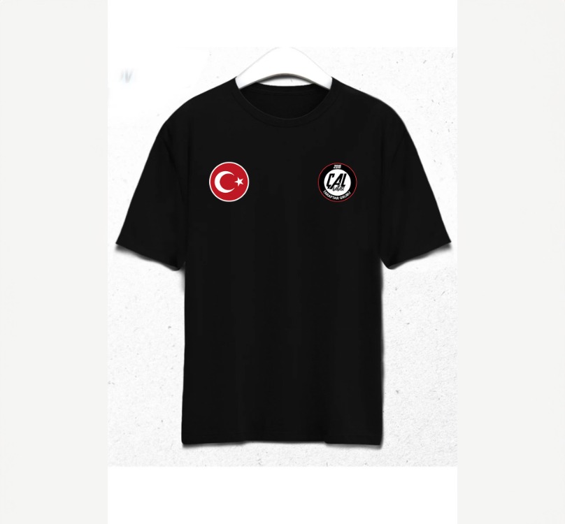 Çal Belediyespor Taraftar Logolu Türk Bayrağı Siyah Bisiklet Yaka T-Shirt