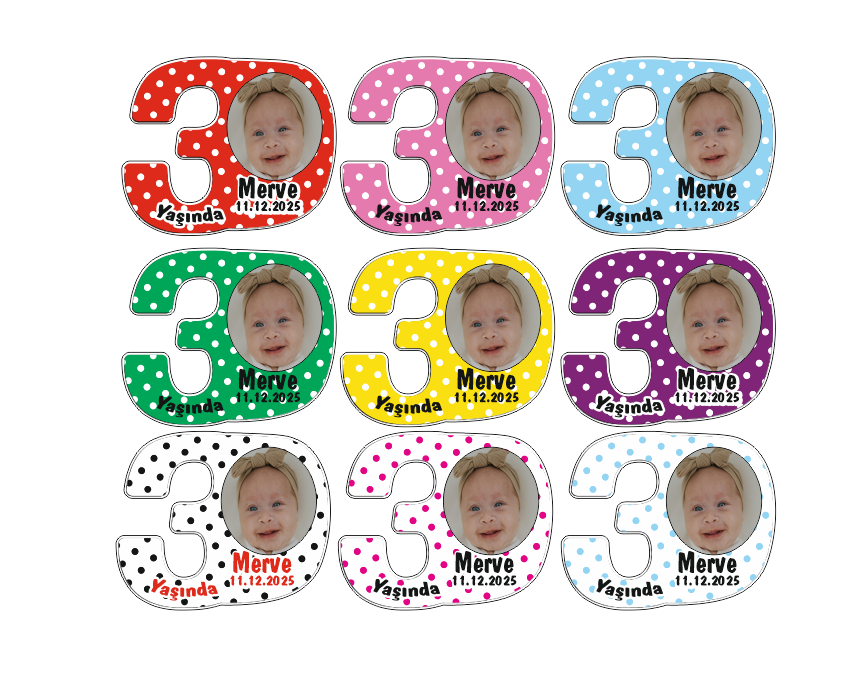 3 Yaş Doğum Gününe Özel Fotoğraflı ve İsimli MDF Magnet