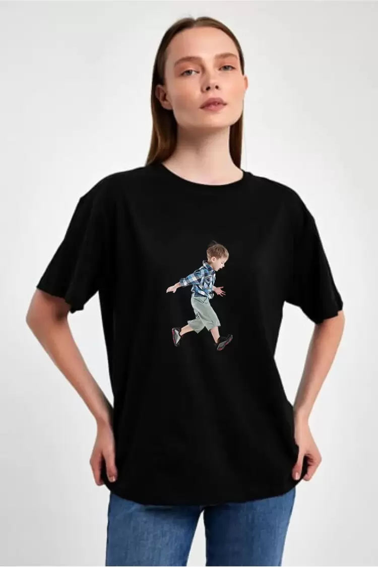 Kişiye Özel Fotoğraf Baskılı Oversize Siyah T-Shirt