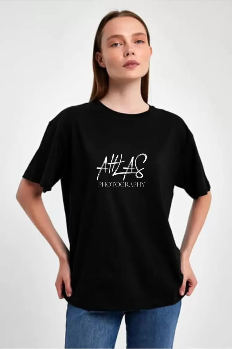 Kişiye Özel Fotoğraf Baskılı Oversize Siyah T-Shirt