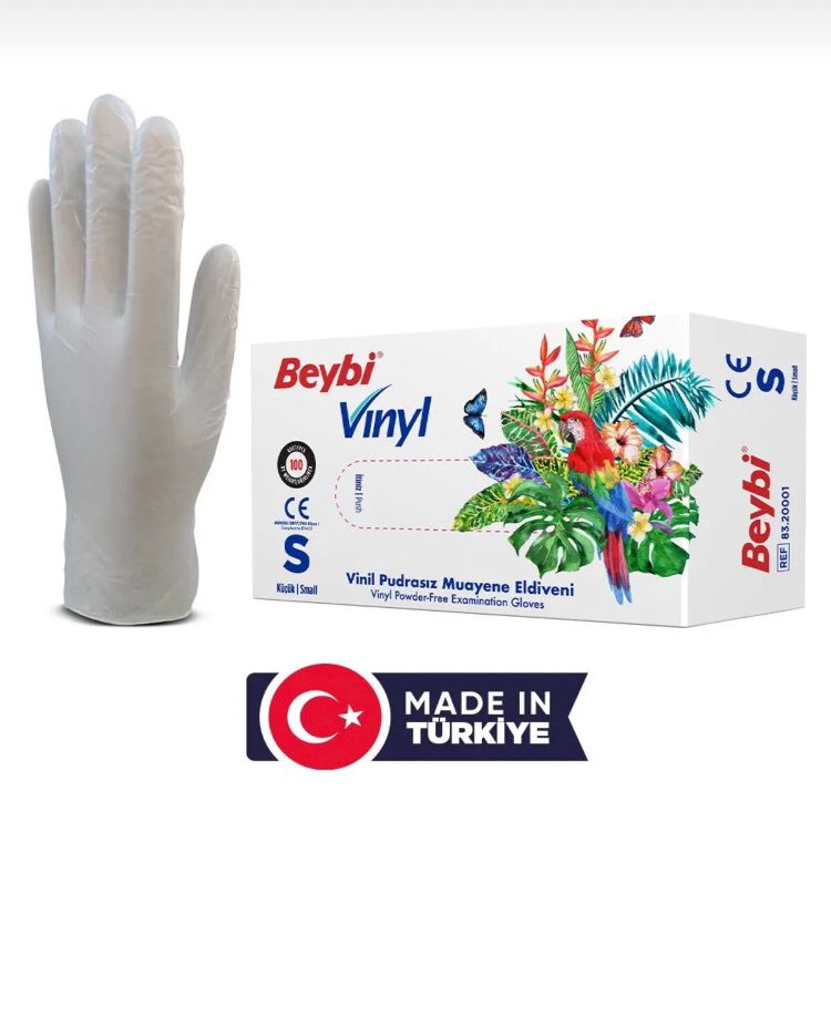 BEYBİ VİNİL PUDRASIZ MUAYENE ELDİVENİ S BEDEN 100'LÜK KUTU