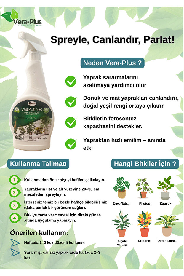 Vera-Plus Daha Yeşil Yapraklar İçin Özel Sprey Sıvı Bitki Besini 500 ML 
