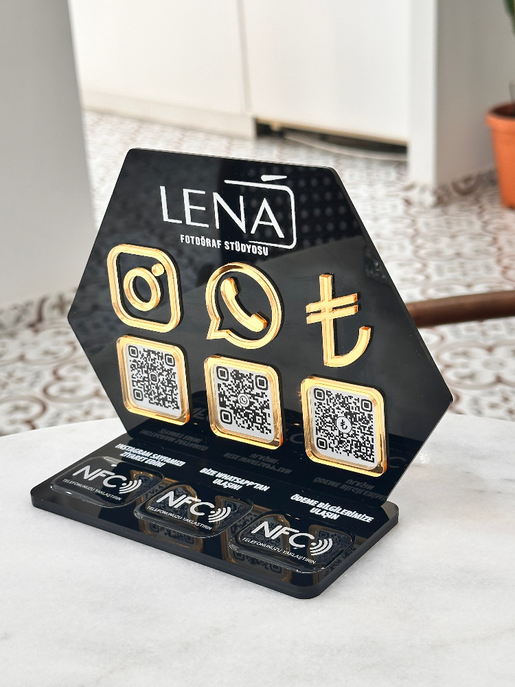 3 QR & NFC Özellikli PleksiGlass Stant Petek Tasarımlı