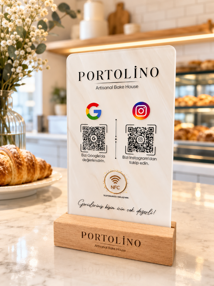  Çift QR & NFC Özellikli PleksiGlass Stant Marble Desen