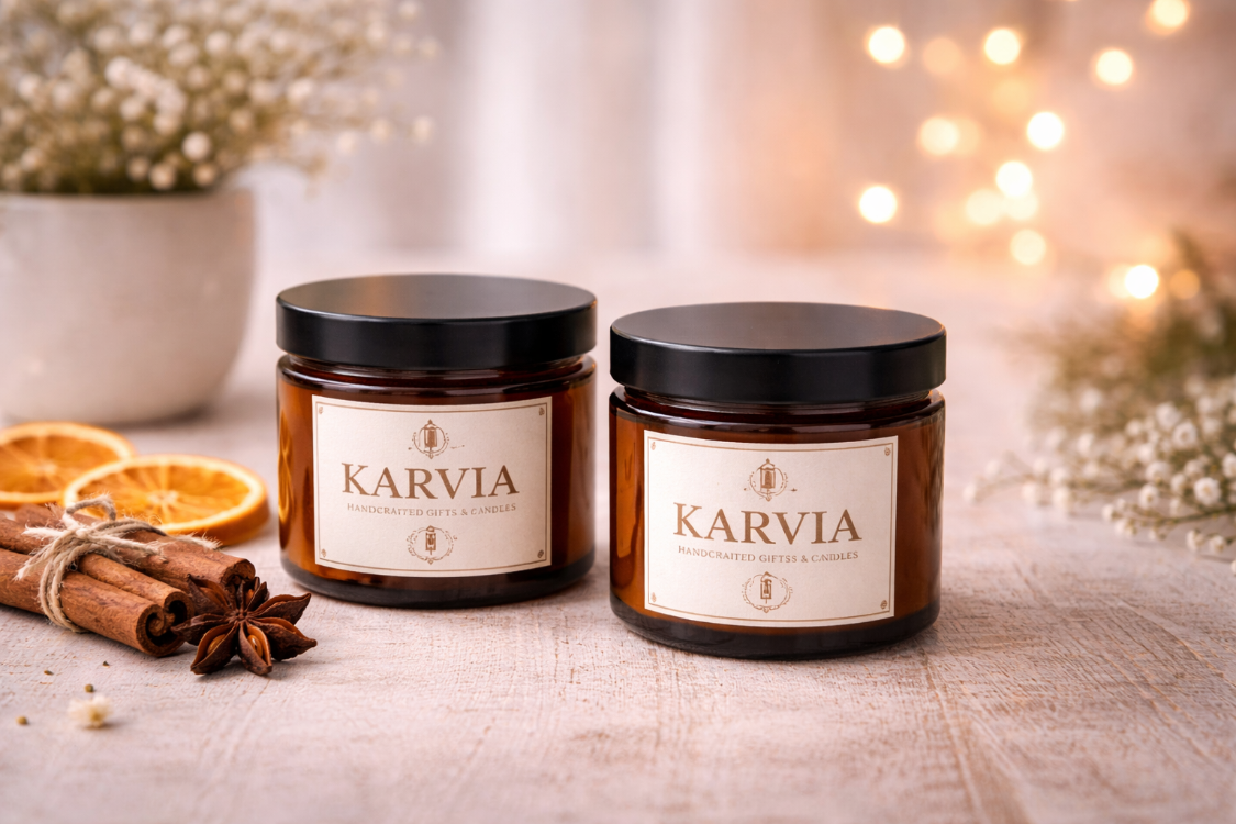 Karvia Dekoratif Mum | AMBER DUO SET | Cam Kavanoz | Koku ve Renk Seçenekli Mum