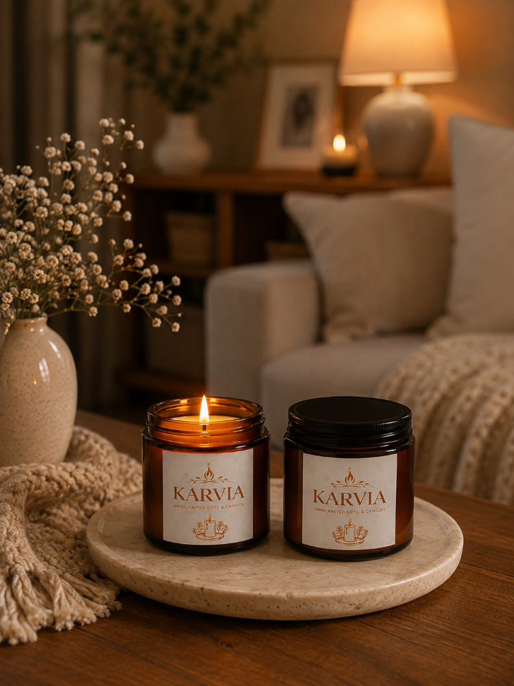 Karvia Dekoratif Mum | AMBER DUO SET | Cam Kavanoz | Koku ve Renk Seçenekli Mum